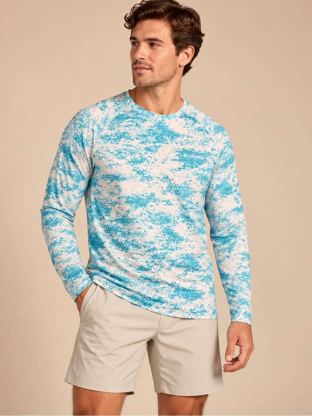 Columbia PFG Blue White Digital Camo Long Sleeve Performance Shirt M